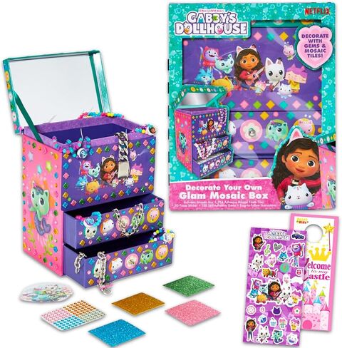 Dreamworks Gabby’s Dollhouse DIY Jewelry Box - Craft Kit Bundle with Mosaic Tiles, Adhesive Gems, and 3D Foam Sticker Plus More | Gabby's Dollhouse Arts and Crafts for Girls in Saudi Arabia