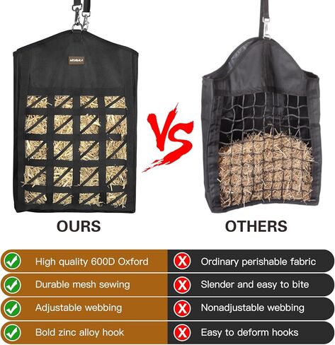 حقيبة قش تغذية بطيئة للغاية للخيول، 3 عبوات أكياس قش بتصميم أمامي شبكي، فتحة واسعة لسهولة التعبئة، نوعان من التعليق لإطعام الماعز والأغنام والحمير (3 أسود) in Kuwait