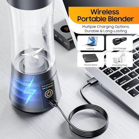 خلاط محمول، خلاط عصير شخصي لاسلكي مع USB قابل لإعادة الشحن و6 شفرات، عصارة صغيرة مدمجة، مزيج قوي للمخفوقات/الفواكه/الخضار/السفر/المنزل/المكتب/صالة الألعاب الرياضية/التخييم in Saudi Arabia