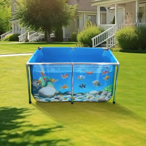بركة أسماك PVC، حوض أسماك فوق الأرض، بركة سمكة ذهبية/بركة كوي مع لوحة عرض شفافة، حوض سمك قماشي خارجي مع إطار من الفولاذ المقاوم للصدأ وصمام تصريف للخارج، 47.2 * 31.5 * 23.6 بوصة، 152 جالون in Kuwait