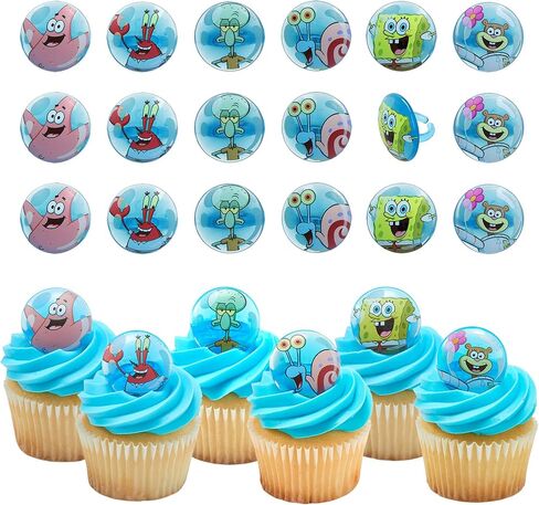 DecoPac SpongeBob SquarePants Rings, SpongeBob Cupcake Toppers Featuring SpongeBob, Patrick, Gary, Mr. Krabs, Sandy Cheeks, And Squidward - 24 Pack in Saudi Arabia