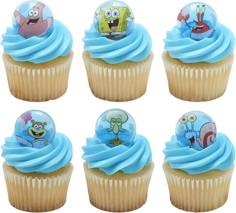 DecoPac SpongeBob SquarePants Rings, SpongeBob Cupcake Toppers Featuring SpongeBob, Patrick, Gary, Mr. Krabs, Sandy Cheeks, And Squidward - 24 Pack in Saudi Arabia