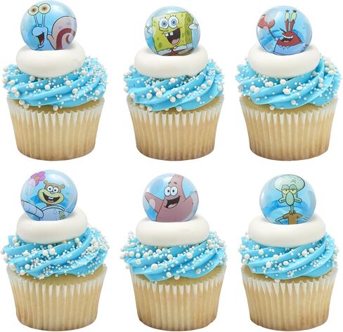 DecoPac SpongeBob SquarePants Rings, SpongeBob Cupcake Toppers Featuring SpongeBob, Patrick, Gary, Mr. Krabs, Sandy Cheeks, And Squidward - 24 Pack in Saudi Arabia
