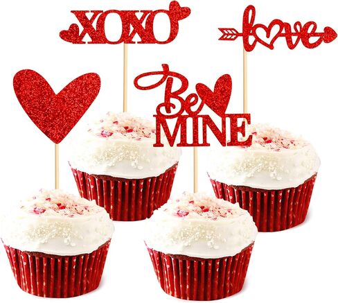 Ercaido 48 حزمة من أغطية الكب كيك باللون الأحمر اللامع لعيد الحب السعيد Love Xoxo Be Mine Cupcake Picks لعيد الحب وحفلات الزفاف والخطوبة وحفلات الزفاف وحفلات الزفاف وديكورات الكيك in Saudi Arabia