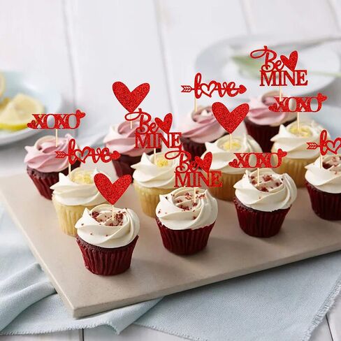 Ercaido 48 حزمة من أغطية الكب كيك باللون الأحمر اللامع لعيد الحب السعيد Love Xoxo Be Mine Cupcake Picks لعيد الحب وحفلات الزفاف والخطوبة وحفلات الزفاف وحفلات الزفاف وديكورات الكيك in Saudi Arabia