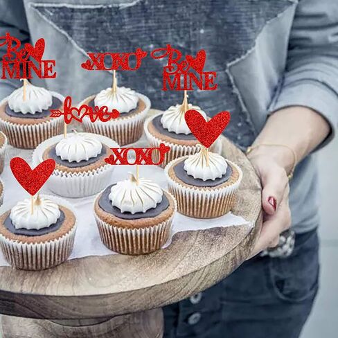 Ercaido 48 حزمة من أغطية الكب كيك باللون الأحمر اللامع لعيد الحب السعيد Love Xoxo Be Mine Cupcake Picks لعيد الحب وحفلات الزفاف والخطوبة وحفلات الزفاف وحفلات الزفاف وديكورات الكيك in Saudi Arabia