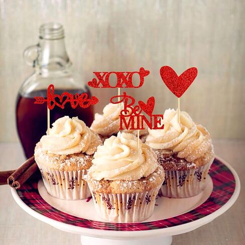 Ercaido 48 حزمة من أغطية الكب كيك باللون الأحمر اللامع لعيد الحب السعيد Love Xoxo Be Mine Cupcake Picks لعيد الحب وحفلات الزفاف والخطوبة وحفلات الزفاف وحفلات الزفاف وديكورات الكيك in Saudi Arabia