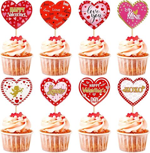 Ercaido 48 حزمة من أغطية الكب كيك باللون الأحمر اللامع لعيد الحب السعيد Love Xoxo Be Mine Cupcake Picks لعيد الحب وحفلات الزفاف والخطوبة وحفلات الزفاف وحفلات الزفاف وديكورات الكيك in Saudi Arabia
