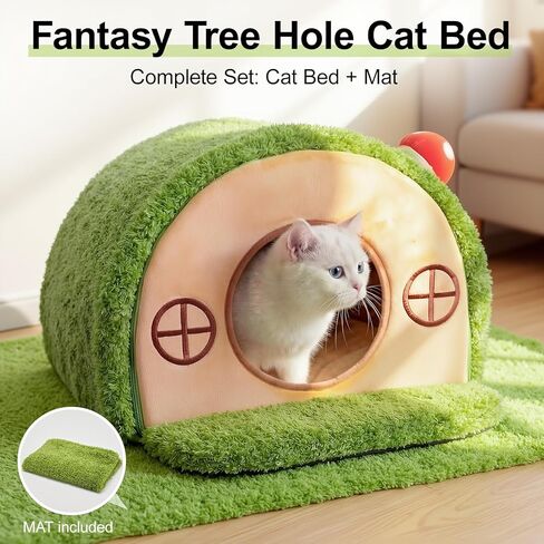 Cat Bed for Indoor Cats - Cute Cat Bed Cave, Tree Hole Cat House Tent for Kittens and Small Pets with Removable Washable Cushion & Anti-Slip Bottom, Enclosed Kitten Bed Hideaway in Kuwait