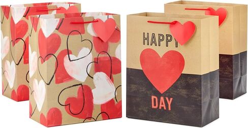 Hallmark 13" Large Kraft Valentine's Day Gift Bags (4 Bags, 2 Designs: Happy Heart Day, Rustic Hearts) for Kids, Adults, Galentine's Day, Weddings in Kuwait