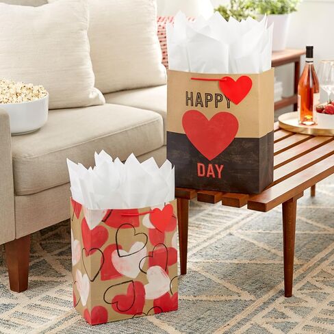 Hallmark 13" Large Kraft Valentine's Day Gift Bags (4 Bags, 2 Designs: Happy Heart Day, Rustic Hearts) for Kids, Adults, Galentine's Day, Weddings in Kuwait