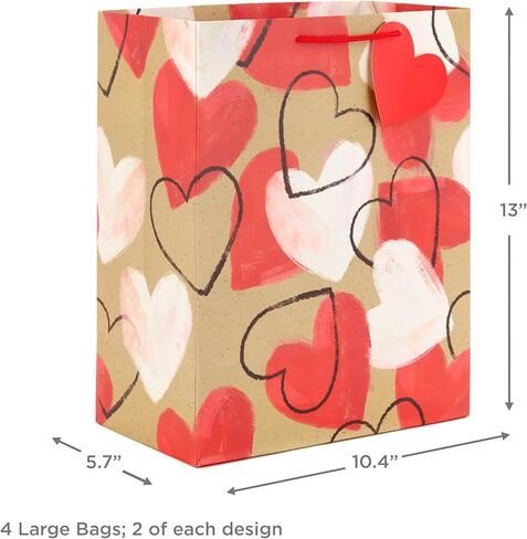 Hallmark 13" Large Kraft Valentine's Day Gift Bags (4 Bags, 2 Designs: Happy Heart Day, Rustic Hearts) for Kids, Adults, Galentine's Day, Weddings in Kuwait