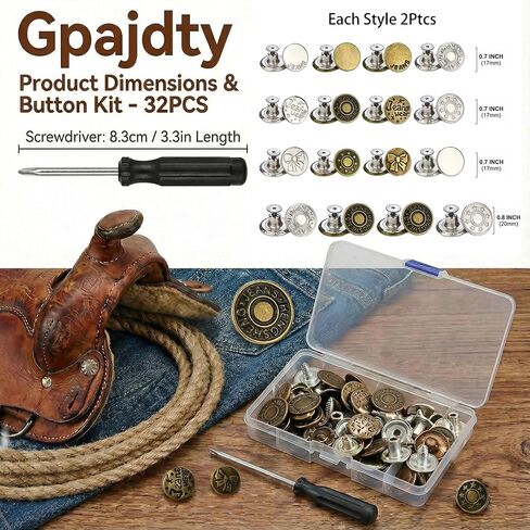 Gpajdty 32 مجموعة من أزرار الجينز البديلة بدون خياطة - 0.7 بوصة/0.8 بوصة مسامير معدنية قابلة للإزالة مع مفكات براغي، مجموعة إصلاح الملابس شديدة التحمل للسراويل/السترات (النساء والرجال) in Kuwait