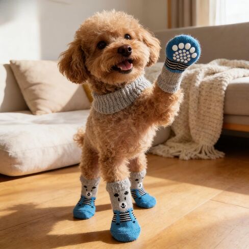 4 Pairs Cute Cartoon Pet Socks, Non-Slip Breathable Knitted Indoor Dog Shoes with Anti-Skid Soles, All Season Comfortable Paw Protectors for Hardwood Floors & Home, Size S/M/L in Saudi Arabia