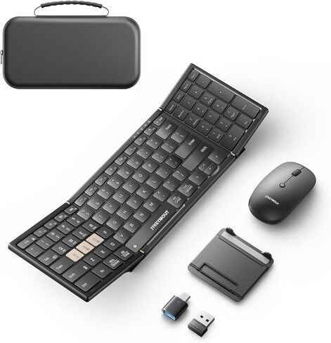مجموعة لوحة مفاتيح وماوس قابلة للطي، USB A+Type C+Bluetooth1&2 (4 في 1) اتصال لاسلكي، تصميم محمول كامل الحجم قابل للطي وقابل لإعادة الشحن مع قفل لوحة المفاتيح للمنزل/المكتب/سفر العمل - أسود in Kuwait