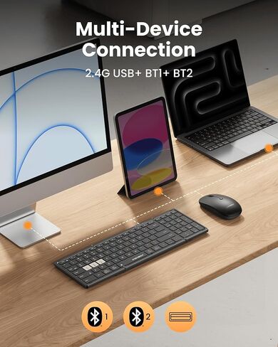 مجموعة لوحة مفاتيح وماوس قابلة للطي، USB A+Type C+Bluetooth1&2 (4 في 1) اتصال لاسلكي، تصميم محمول كامل الحجم قابل للطي وقابل لإعادة الشحن مع قفل لوحة المفاتيح للمنزل/المكتب/سفر العمل - أسود in Kuwait