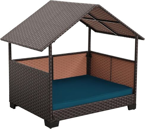 HDPE Wicker Dog House for Medium/Big Dogs 39x30x41in, Outdoor Dog Bed House with Canopy and All-Weather Non-Slip Dog Cot Cushion, Oversize Rattan Dog Bed Shelter and Pet Cabana, Brown in Saudi Arabia