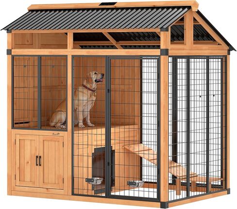 PawHut 7' x 5' Extra Large Outdoor Dog Kennel, Walk-in Wood Dog House with External Storage Cabinet, Platform, Stairs, Pet Shelter with Waterproof Roof, Stainless Steel Bowls for Large Breeds, Yellow in Saudi Arabia