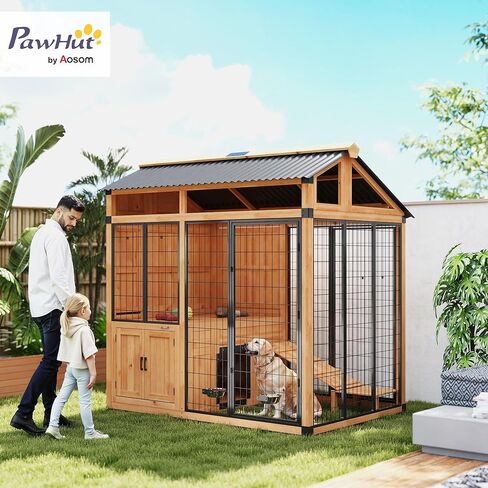 PawHut 7' x 5' Extra Large Outdoor Dog Kennel, Walk-in Wood Dog House with External Storage Cabinet, Platform, Stairs, Pet Shelter with Waterproof Roof, Stainless Steel Bowls for Large Breeds, Yellow in Saudi Arabia