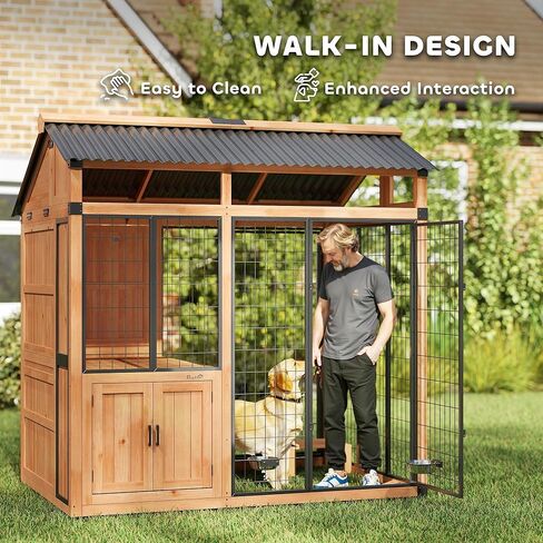 PawHut 7' x 5' Extra Large Outdoor Dog Kennel, Walk-in Wood Dog House with External Storage Cabinet, Platform, Stairs, Pet Shelter with Waterproof Roof, Stainless Steel Bowls for Large Breeds, Yellow in Saudi Arabia