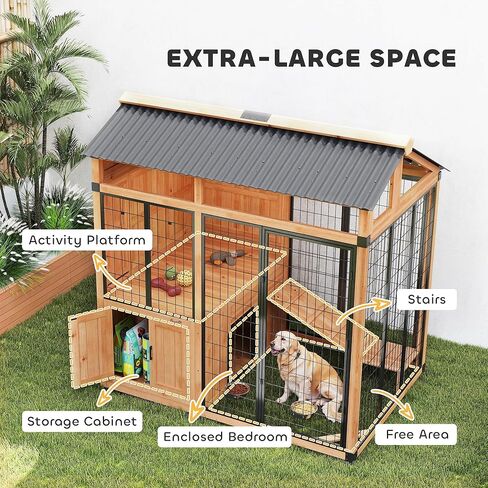 PawHut 7' x 5' Extra Large Outdoor Dog Kennel, Walk-in Wood Dog House with External Storage Cabinet, Platform, Stairs, Pet Shelter with Waterproof Roof, Stainless Steel Bowls for Large Breeds, Yellow in Saudi Arabia