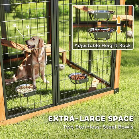 PawHut 7' x 5' Extra Large Outdoor Dog Kennel, Walk-in Wood Dog House with External Storage Cabinet, Platform, Stairs, Pet Shelter with Waterproof Roof, Stainless Steel Bowls for Large Breeds, Yellow in Saudi Arabia