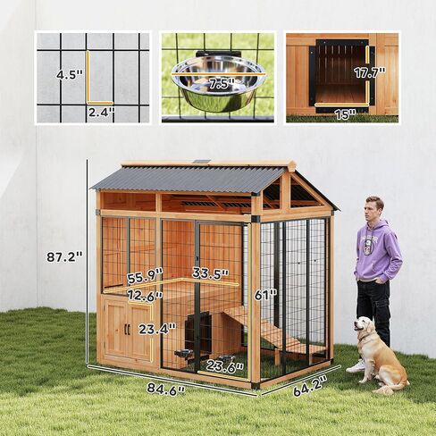 PawHut 7' x 5' Extra Large Outdoor Dog Kennel, Walk-in Wood Dog House with External Storage Cabinet, Platform, Stairs, Pet Shelter with Waterproof Roof, Stainless Steel Bowls for Large Breeds, Yellow in Saudi Arabia