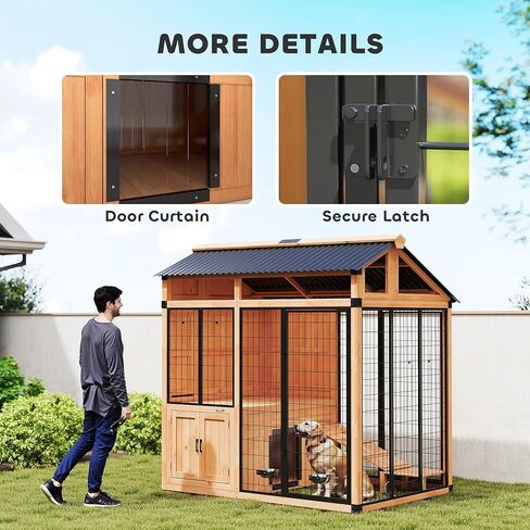 PawHut 7' x 5' Extra Large Outdoor Dog Kennel, Walk-in Wood Dog House with External Storage Cabinet, Platform, Stairs, Pet Shelter with Waterproof Roof, Stainless Steel Bowls for Large Breeds, Yellow in Saudi Arabia