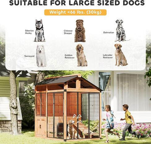 PawHut 7' x 5' Extra Large Outdoor Dog Kennel, Walk-in Wood Dog House with External Storage Cabinet, Platform, Stairs, Pet Shelter with Waterproof Roof, Stainless Steel Bowls for Large Breeds, Yellow in Saudi Arabia