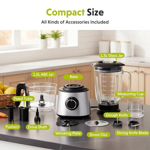 Simple Deluxe Food Processor Blender Combo, 300W Electric Food Processor for Slicing, Dough, Vegetables, 6 Cup Chopper for Meat and Puree, 2 Speeds Adjustable, Safety Lock with 1.5L Glass Jar, Black in Kuwait