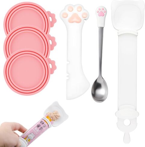 6 PCS Cat Food Can Covers Set, Reusable Silicone Can Lids with Opener, Stainless Steel Wet Food Spoon & Cat Treat Squeezer for Pet Feeding and Storage, Fits Cats & Dogs in Kuwait