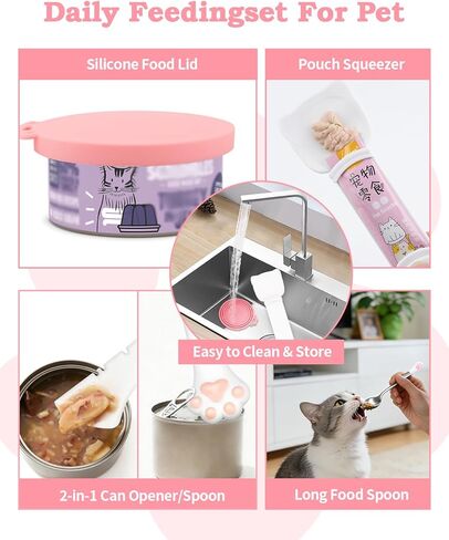 6 PCS Cat Food Can Covers Set, Reusable Silicone Can Lids with Opener, Stainless Steel Wet Food Spoon & Cat Treat Squeezer for Pet Feeding and Storage, Fits Cats & Dogs in Kuwait