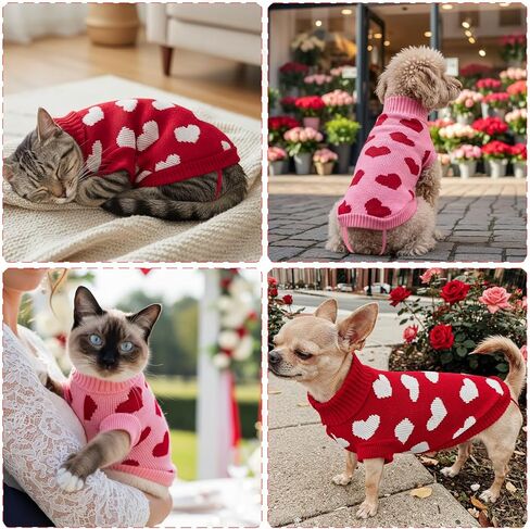 2-Pack Valentine’s Day Dog Sweater Cat Knitwear Red & Pink Heart Pattern Pet Clothes Warm Pullover Outfits Love Themed Holiday Apparel for Puppies Kittens M in Saudi Arabia