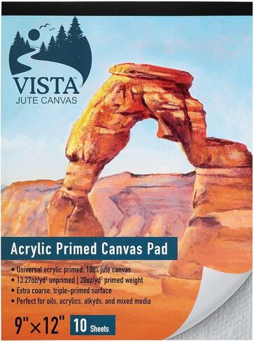 Vista Jute Universal Acrylic-Primed Canvas Pad 9"x12" - 10 Sheets, Blank Canvas for Eco Friendly Artists, Triple-Primed Jute Surface, Ideal for Oils, Acrylics & Mixed Media, Extra-Coarse Texture in Saudi Arabia