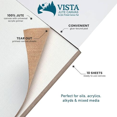 Vista Jute Universal Acrylic-Primed Canvas Pad 9"x12" - 10 Sheets, Blank Canvas for Eco Friendly Artists, Triple-Primed Jute Surface, Ideal for Oils, Acrylics & Mixed Media, Extra-Coarse Texture in Saudi Arabia