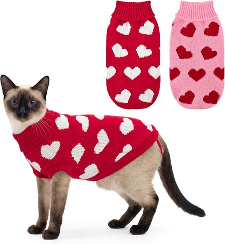 2-Pack Valentine’s Day Dog Sweater Cat Knitwear Red & Pink Heart Pattern Pet Clothes Warm Pullover Outfits Love Themed Holiday Apparel for Puppies Kittens M in Saudi Arabia