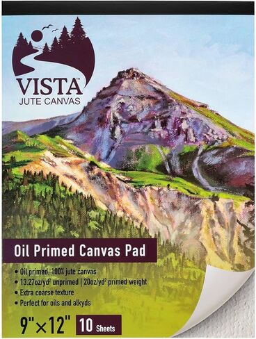 Vista Jute Oil Primed Canvas Pad 9"x12" - 10 Sheets, Blank Canvas for Eco Friendly Artists, Double-Primed Jute Surface, Ideal for Oils, Extra-Coarse Texture, Tape-Bound in Saudi Arabia