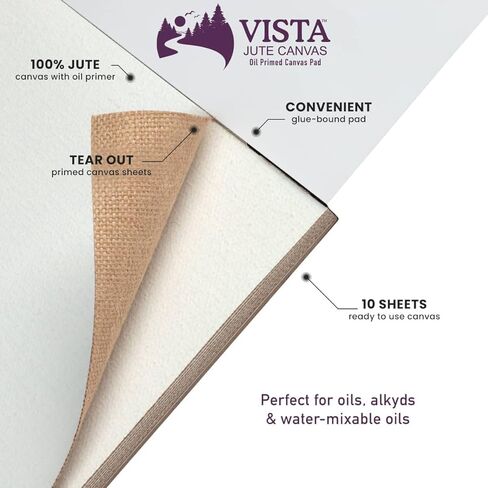 Vista Jute Oil Primed Canvas Pad 9"x12" - 10 Sheets, Blank Canvas for Eco Friendly Artists, Double-Primed Jute Surface, Ideal for Oils, Extra-Coarse Texture, Tape-Bound in Saudi Arabia