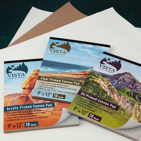 Vista Jute Oil Primed Canvas Pad 9"x12" - 10 Sheets, Blank Canvas for Eco Friendly Artists, Double-Primed Jute Surface, Ideal for Oils, Extra-Coarse Texture, Tape-Bound in Saudi Arabia