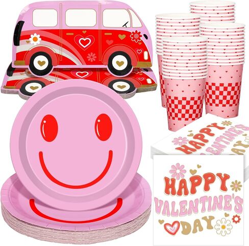 Zhehao 96 Pcs Groovy Valentine's Day Party Supplies Set for 24 Guests Pink Smile Face Plates 9 oz Cups Napkins Pink and Red Groovy Hippie Valentine's Day Party Decorations in Saudi Arabia