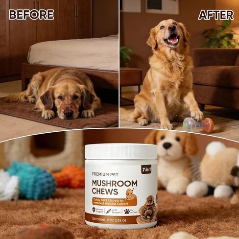 مضغ فطر الحيوانات الأليفة الفاخر - فطر ذيل الديك الرومي للكلاب، مع الريشي وعرف الأسد والشاجا والكركم - دعم المناعة والأمعاء والجلد والمفاصل والعمود الفقري - لجميع السلالات والأحجام (120 مضغ) (1) in Kuwait