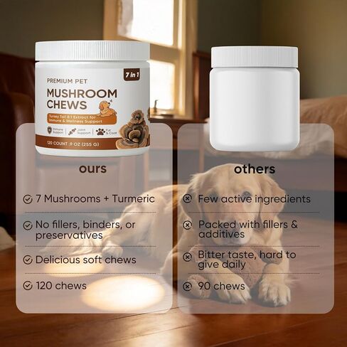 مضغ فطر الحيوانات الأليفة الفاخر - فطر ذيل الديك الرومي للكلاب، مع الريشي وعرف الأسد والشاجا والكركم - دعم المناعة والأمعاء والجلد والمفاصل والعمود الفقري - لجميع السلالات والأحجام (120 مضغ) (1) in Kuwait