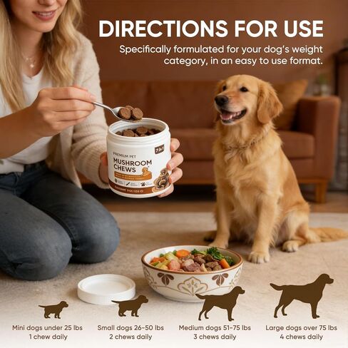 مضغ فطر الحيوانات الأليفة الفاخر - فطر ذيل الديك الرومي للكلاب، مع الريشي وعرف الأسد والشاجا والكركم - دعم المناعة والأمعاء والجلد والمفاصل والعمود الفقري - لجميع السلالات والأحجام (120 مضغ) (1) in Kuwait