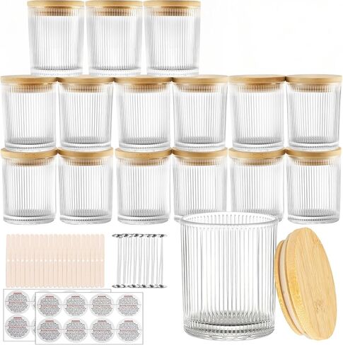CONNOO 16 Pack 7 OZ Thick Pearl Glass Candle Jars for Making Candles with Airtight Bamboo Lids, Wicks & Stickers, for DIY Candle Making, Bulk Orders, Gifts & Home Décor, Clear in Saudi Arabia