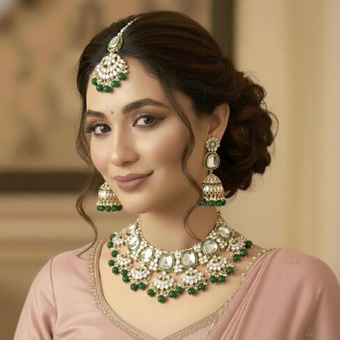 Aheli Gold Plated Kundan Studded Ethnic Choker Necklace Dangle Earrings Maangtikka Set Traditional Fancy Jewellery Gift for Women in Saudi Arabia