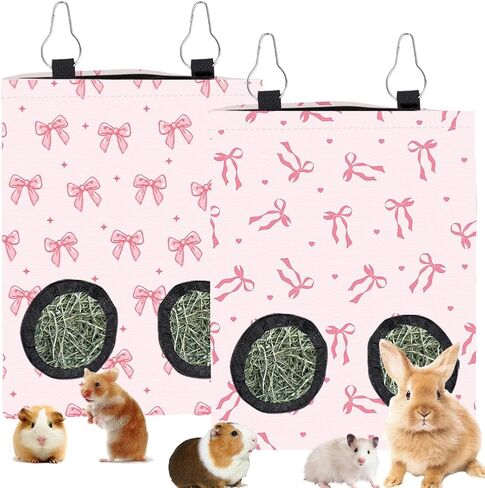 2Pcs 2 Styles Small Pet Hanging Hay Bag Pink Hay Feeder Bag with 2 Holes Bowknot Pattern Cloth Washable Rectangle Feeding Storage for Rabbit Chinchillas Hamsters Guinea Pigs 12 x 9 Inch in Kuwait