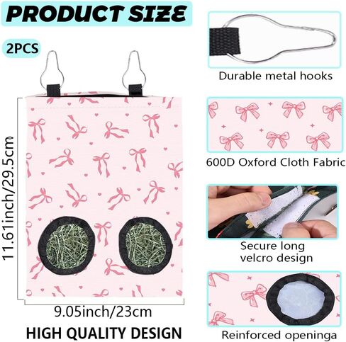 2Pcs 2 Styles Small Pet Hanging Hay Bag Pink Hay Feeder Bag with 2 Holes Bowknot Pattern Cloth Washable Rectangle Feeding Storage for Rabbit Chinchillas Hamsters Guinea Pigs 12 x 9 Inch in Kuwait