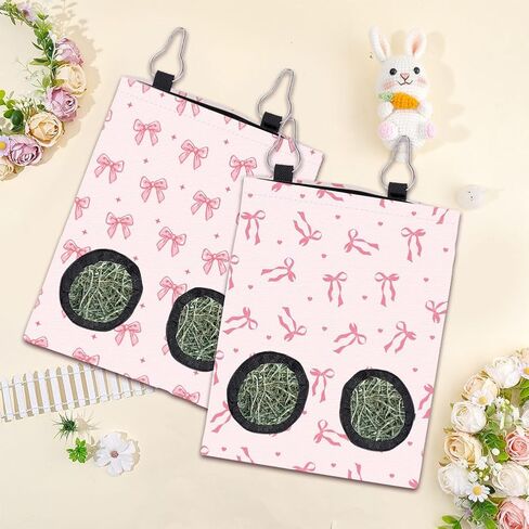 2Pcs 2 Styles Small Pet Hanging Hay Bag Pink Hay Feeder Bag with 2 Holes Bowknot Pattern Cloth Washable Rectangle Feeding Storage for Rabbit Chinchillas Hamsters Guinea Pigs 12 x 9 Inch in Kuwait
