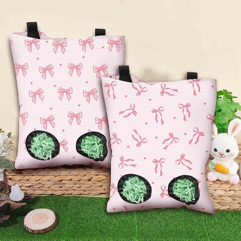 2Pcs 2 Styles Small Pet Hanging Hay Bag Pink Hay Feeder Bag with 2 Holes Bowknot Pattern Cloth Washable Rectangle Feeding Storage for Rabbit Chinchillas Hamsters Guinea Pigs 12 x 9 Inch in Kuwait