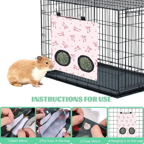 2Pcs 2 Styles Small Pet Hanging Hay Bag Pink Hay Feeder Bag with 2 Holes Bowknot Pattern Cloth Washable Rectangle Feeding Storage for Rabbit Chinchillas Hamsters Guinea Pigs 12 x 9 Inch in Kuwait